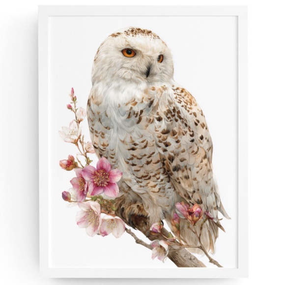 Watercolor Snowy Owl with Flowers Portrait Wall Art Print, Unframed - Enchanting - Picture 1 of 6